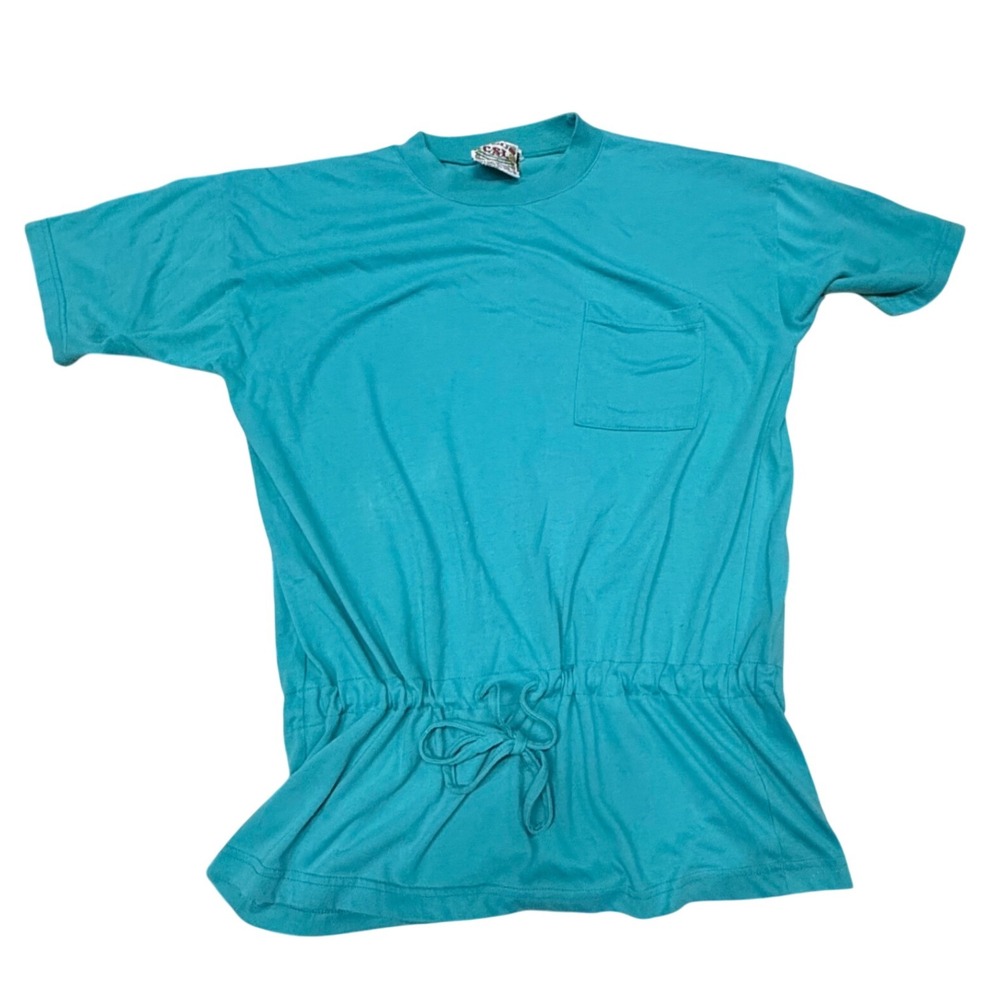 Vintage CSL Drawstring T-Shirt Dress‎ Casual Pocket Front Short Small coverup